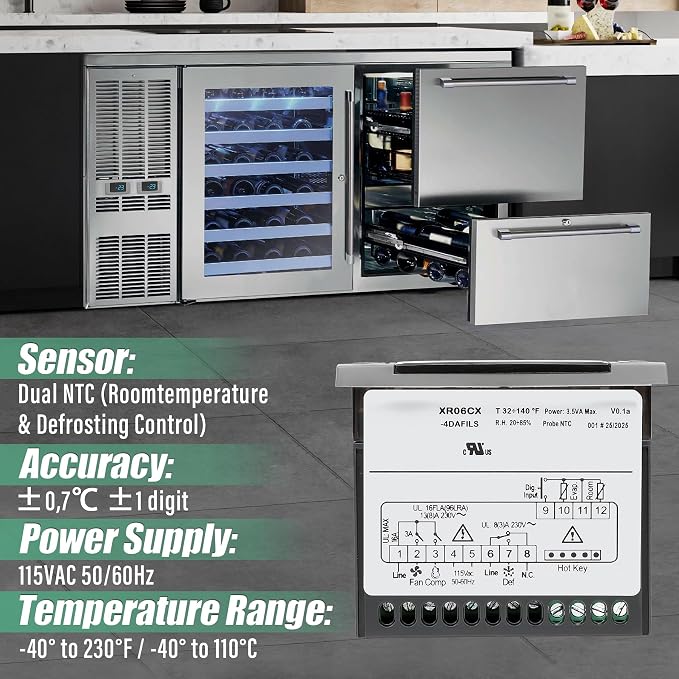 32-bit Enhanced XR06CX-4DAFILS Temperature Controller, Replaces Dixell XR06CX for 110-125V 50-60Hz Commercial Fridges/Freezers, Digital Thermostat, Voltage Protection & Reset, Blue Screen