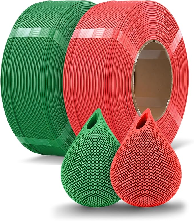 OVERTURE 2KG Bundle High Speed PLA Filament Refill 1.75mm 3D Printer Filament, 2 Pack 1kg (2.2lb) Refilament for Bambu Lab Reusable Spool, Fit Most FDM 3D Printers (Red+Green)