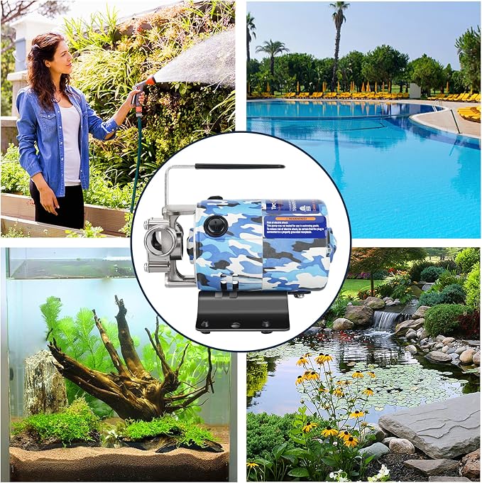 TecHome 115V 1/10HP 330GPH Utility Rain Barrel Waterbed Pump, With Water Hose Kit, Camouflage Color.