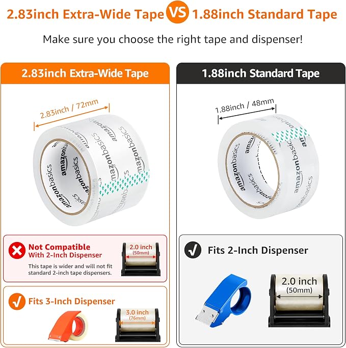 Amazon Basics 2.83 Inch Wide Packing Tape, Fits 3-Inch Dispensers, Crystal Clear, Low Odor, for Moving, Storage, Shipping and Sealing Boxes, 54.6 Yards, 6-Pack