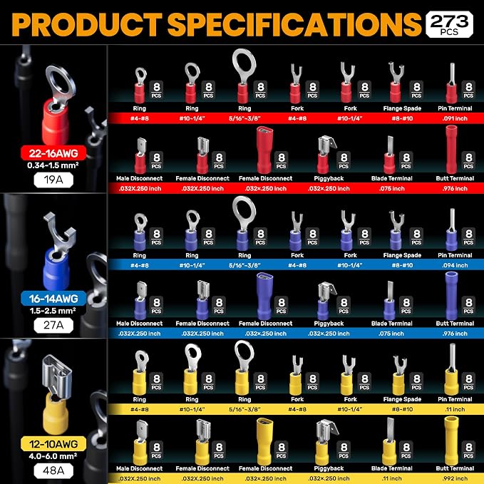 SOMELINE Wire Connectors Kit with Crimping Tool, 39 Types (UL Listed) Premium Electrical Terminals Assortment, 22-10 AWG Ratchet Crimper - Ring Fork Spade Butt Pin Blade Quick Disconnects (273 Pcs)