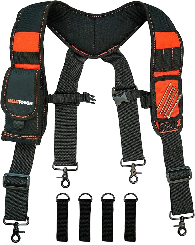 MELOTOUGH 1 PACK Tool Belt with D ring and Strong Durable Double Metal Roller Buckle,Adjustable waist + 1 PACK Magnetic Suspenders Tool Belt Suspenders with Large Moveable Phone Holder