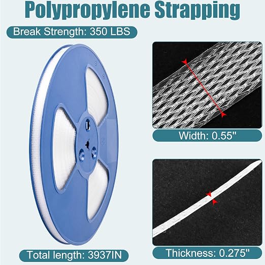 MYFAMIREA Packaging Strapping Banding Roll with Pallet, 0.55'' x 3937'' Heavy Duty Pallet Strap 350 LBS Break Strength, Polypropylene(PP) Plastic Strapping for Box Packaging and Shipping, Clear