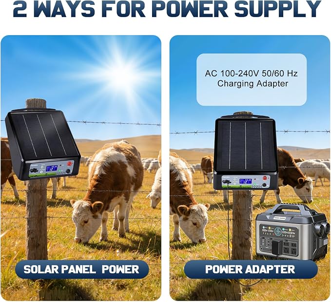 20 Miles Solar Electric Fence Charger, Adjustable Output Voltage: 6/8/10/12kV, 2J Solar Powered Electric Fence Charger Supports Battery/Solar/AC Power,Ideal for Livestock/Garden/Yard/Farm Protection