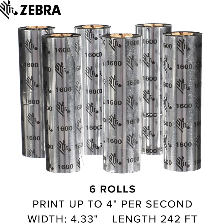 Zebra Standard Black Wax Ribbon for Thermal Transfer Desktop Printers Width 4.33 in Length 242 ft 0.5 in Core Pack of 6 Rolls Compatible with Multiple Models 10031723SP