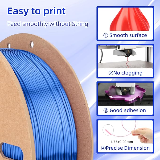 3DHoJor Silk PLA Filament 1.75mm, Silk PLA 3D Printer Filament, 2.2 LBS (1KG) Cardboard Spool, Fit Most FDM 3D Printer, Silk Blue