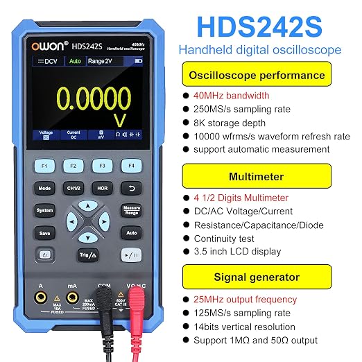 OWON 3 in 1 HDS242S Handheld Digital Oscilloscope with Wareform Generator Function 40MHz 2 Channels Digital True-RMS Multimeter (Owon HDS242S)