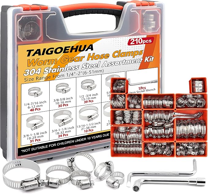 210PCS Stainless Steel Hose Clamps Assortment Kit, 1/4"-2"(6-51mm) 304 Worm Gear Heavy Duty Clamp Set, Radiator Clamps for Automotive Fuel Line Plumbing Pipe, with 2 Tools