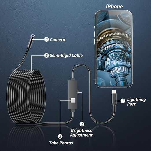 Kinpthy Endoscope Camera with Light, 1920P HD Borescope Tools with 8 Adjustable LED Lights, Endoscope with Semi-Rigid Snake Camera, Inspection Borescope for iOS - 16.3ft Single Line Single Lens