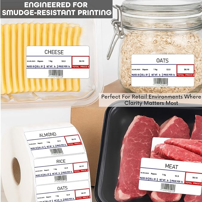 Aquos CAS CL-8000 Printing Scale Label Rolls | Direct Thermal Labels for CAS Scales | Label Roll with Strong Adhesive | Smudge-Free Thermal Paper | Made in USA