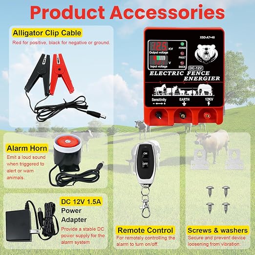 9J Electric Fence Charger Energizer, 9 Joules 20 Miles Plug-in Fencer, AC 110-240V/DC 12V, 12KV High Output Voltage, with Display Alarm and Remote, Deter Predators, Contain Cattle Horses and Livestock