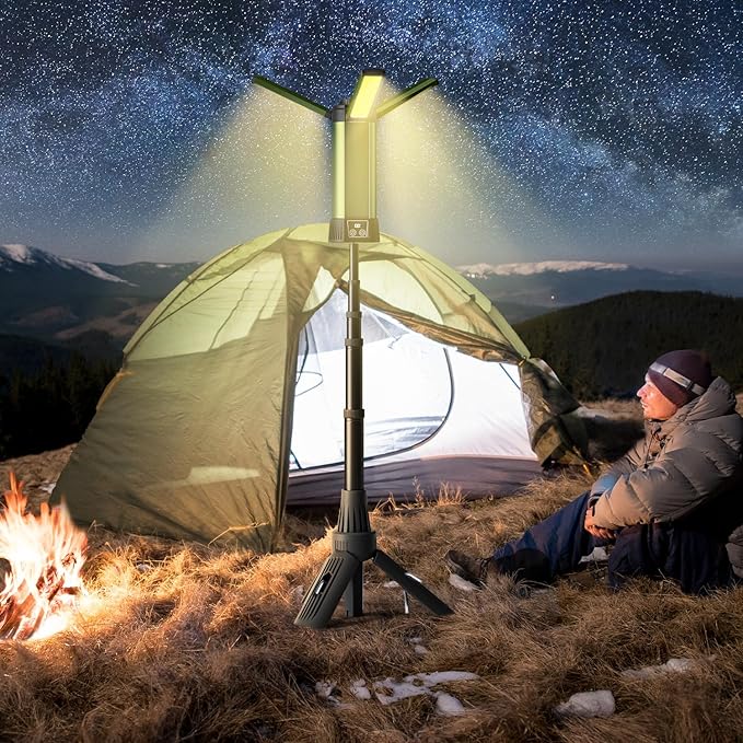 Rechargeable Work Light with Stand, Magnetic Base, Hook & Tripod (Middle) | 6000mAh battery, Telescopic tripod, Magnetic base, Hanging hook, 3 metal floor spikes, Storage bag, Camping
