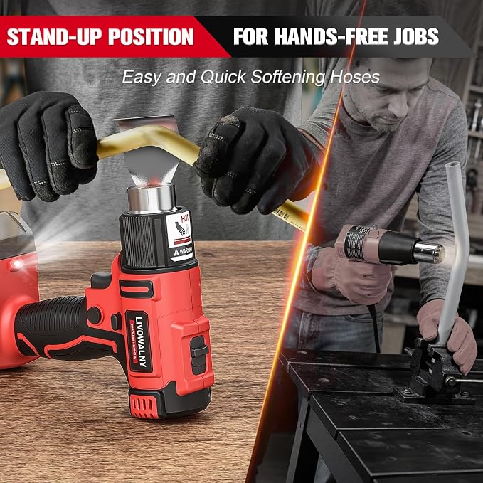 LIVOWALNY Cordless Heat Gun Compatible with Milwaukee 18V Battery (Tool Only), 350W Hot Air Gun I: 300℃（572°F),II: 550℃（1022°F) Dual Temperature Control Battery Powered Heat Gun Kit for Shrink Tubing