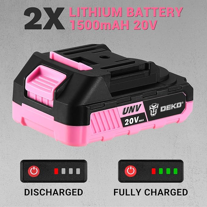 Power Drill Cordless: DEKOPRO 20V Electric Drills with 3/8-Inch Keyless Chuck, Variable Speed, Power Cordless Drill Set Tool with 2 Batteries, Charger&30 Accessories(Pink)