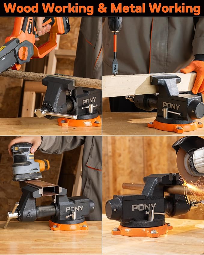 PONY 4 Inch Heavy Duty Bench Vise 4400LBS Clamping Force, Pro Workshop Workbench Vise with 360-Degree Rotatable Base and Anvil, 4-Inch Jaw Opening and Width for Woodworking, Drilling, Pipe Cutting