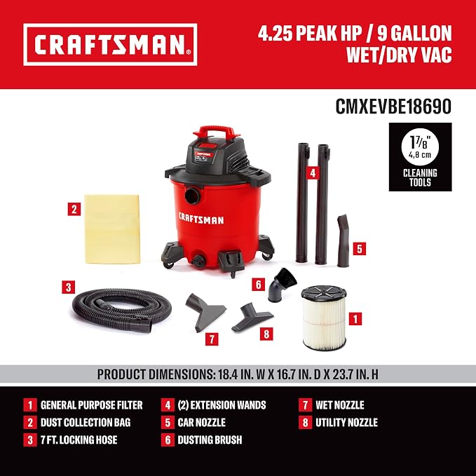 CRAFTSMAN CMXEVBE18690 9 Gallon 4.25 Peak HP Wet Dry Shop Vacuum