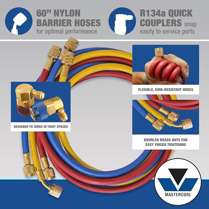 Mastercool 89660-PRO5 Automotive R134a 2-Way Manifold Gauge Set with 3-in-1 Can Tap Valve – U.S. Designed, Assembled, and Tested – Includes 60" Hoses and R134a Couplers
