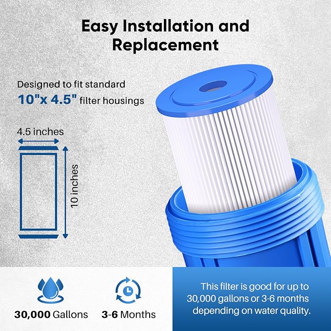 PUREPLUS 1 Micron 10" x 4.5" Whole House Pleated Sediment Filter for Well Water, Replacement Cartridge for GE FXHSC, Culligan R50-BBSA, Pentek R50-BB, DuPont WFHDC3001, W50PEHD, GXWH40L, 2Pack
