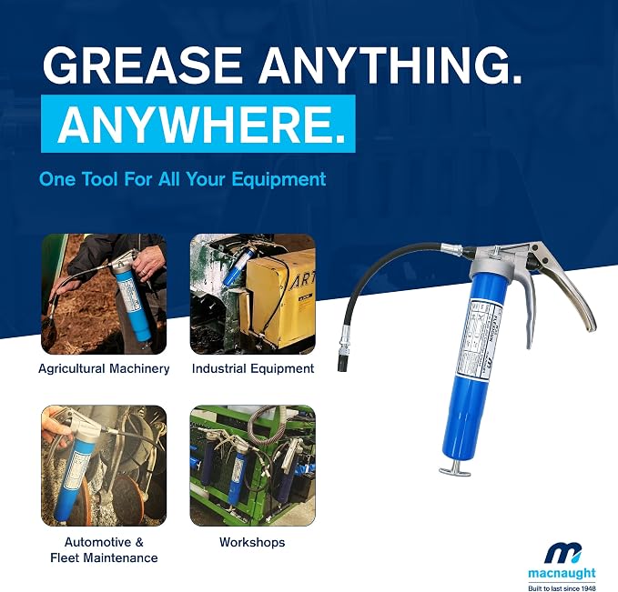 Macnaught Heavy-Duty Pistol Grip Grease Gun with 10 Year Performance Warranty. Includes Our Patented KYPLUS® Locking Grease Coupler (Locks on Tight, Won't Leak!)