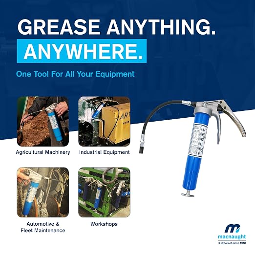 Macnaught Heavy Duty Pistol Grip Grease Gun with 10 Yr Warranty, Bulk fillable or 14oz. Cartridge. 1/8 NPT Flex Connection x 12″ Long, KY Supergrip Three-jaw high-Pressure Coupler. No Leak Connection