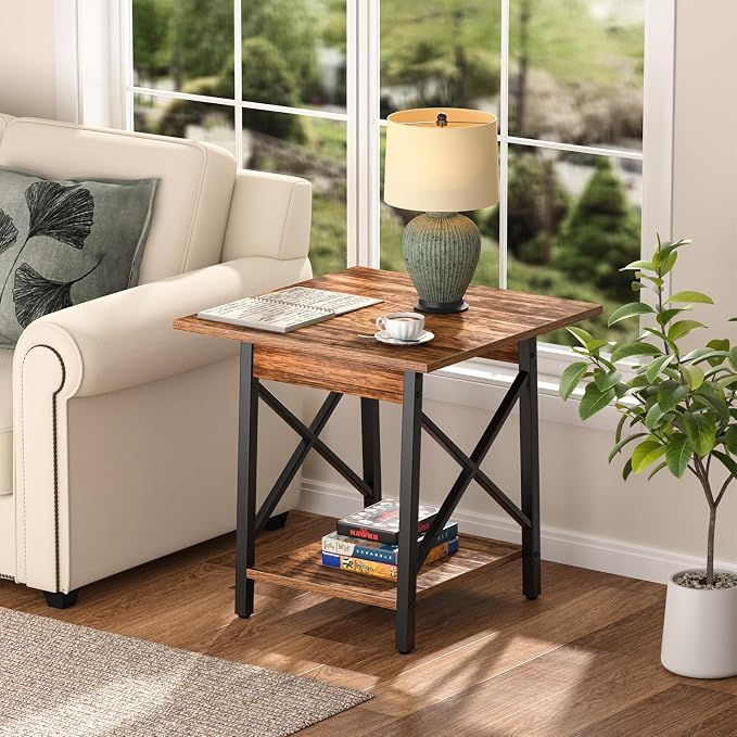GreenForest Square End Table 24 Inch with X-Frame 2-Tier Storage | Nightstand for Living Room & Bedroom, Rustic Decor, Sturdy, Waterproof Scratchproof Top, Easy Assembly, Walnut