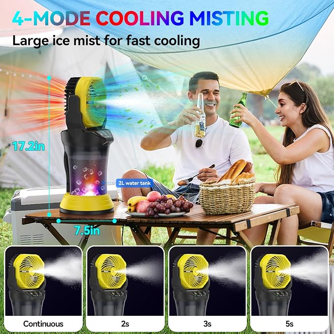 Wilody Misting Fan Portable Battery Powered, Camping Fan with RGB Ambient Light with 2L Bucket, Battery Indicator, 120° Auto Oscillating, Timing Function, Grip Handle(Yellow)