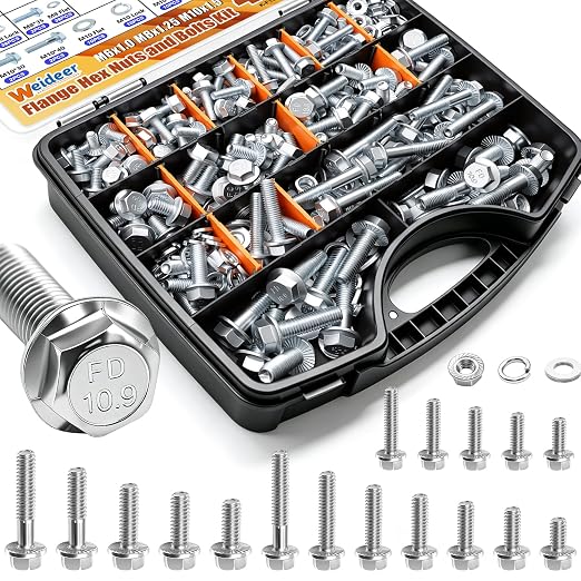 weideer 400PCS Metric Flange Bolt Assortment,M6x1.0 M8x1.25 M10x1.5 Metric Bolt Assortment,Grade 8.8 Alloy Flange Hex Nuts and Bolts Kit (12mm-45mm)