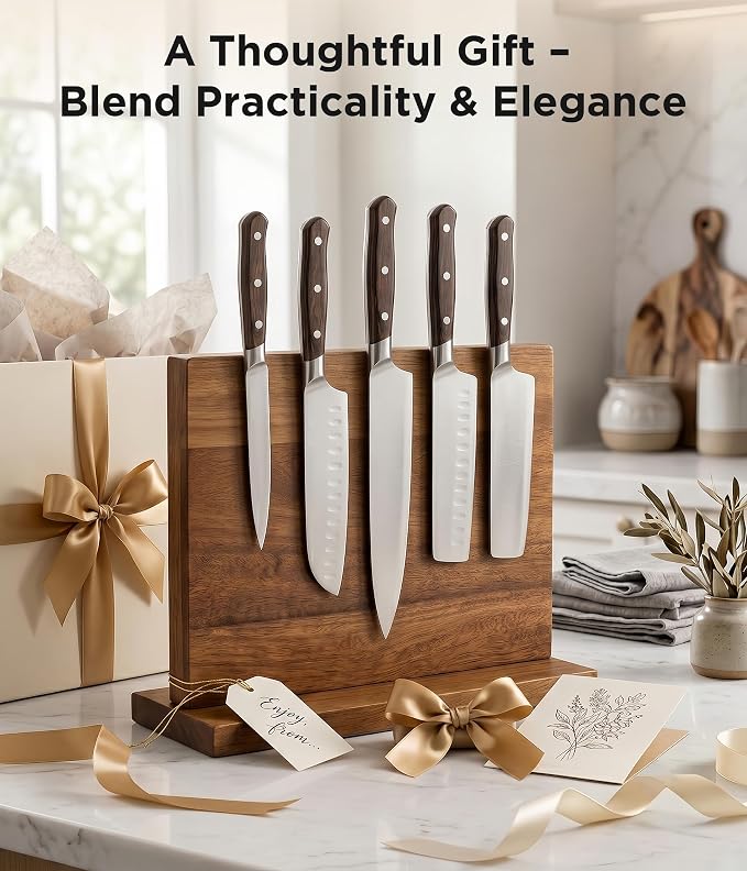 Magnetic Knife Block, Acacia Wood Countertop Magnetic Knife Holder, Double-Sided - Holds Up to 12 Knives & Metal Kitchen Tools, Brown