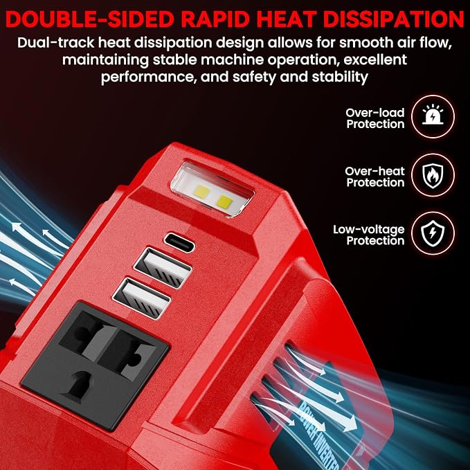 VAXCANZE 200W Power Inverter for Milwaukee, DC 20V to AC 110V Inverter, Portable Power Station with 2 USB Ports & 1 AC Outlet & 1 Type-C Fast Charging, Battery Adapter with LED, Battery Not Include