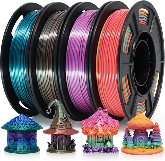 RepRapper Rainbow PLA Filament, Shiny Multicolor Silk PLA 1.75 mm Filament (+-0.03 mm), Sparkle Fast Change Multi-Color 250g*4 Sample Pack 3D Printer Filament for 3D Printer，250g*4