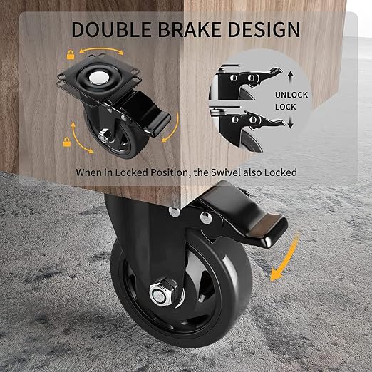 3 Inch Caster Wheels Heavy Duty with Brake, Casters Set of 4, Castors 1000 Lbs, Locking Industrial Swivel Top Plate Casters Wheels for Furniture and Workbench Cart(Two Hardware Kits Include)