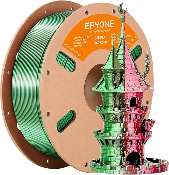 ERYONE Silk Dual Color PLA Filament 3D Printer 1.75mm +/- 0.03mm, Bicolor Filament Two Tone PLA 1KG(2.2lbs) Cardboard Spool, Red Green