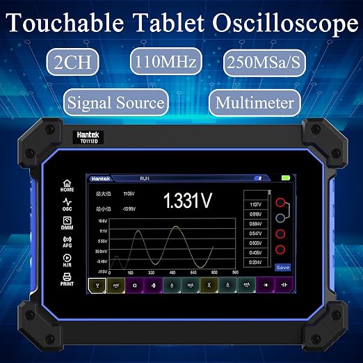 Hantek Tablet Oscilloscope 2CH Digital Storage Oscilloscope Built-in Waveform Generator and Multimeter with 7" TFT Touch Screen(TO1112D/110MHz)
