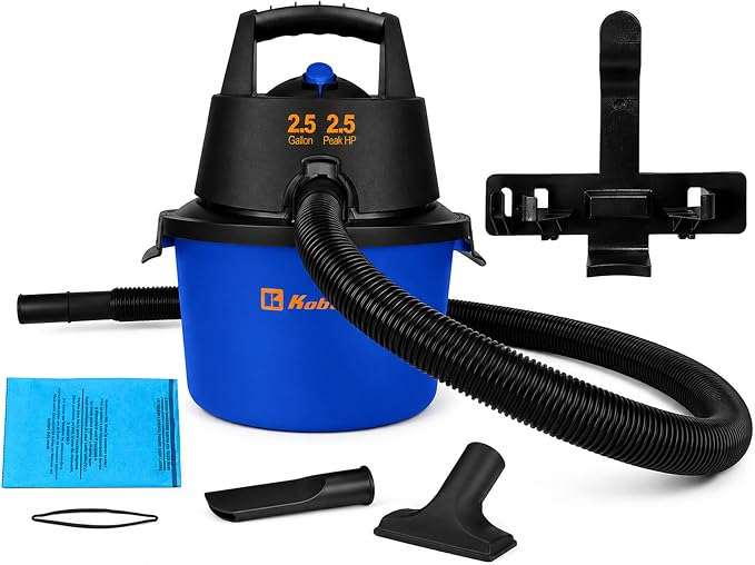 Koblenz Wet Dry Vacuum Cleaner, 2.5 Gallon 2.5 PHP, 60 CFM, 10 ft Reach, TWIST-N-LOCK Hose, Wall Mount, Small Shop Vac, Portable Shop Vac for Home Car Garage, Accessories Included, Blue/Black, WD-2.5L