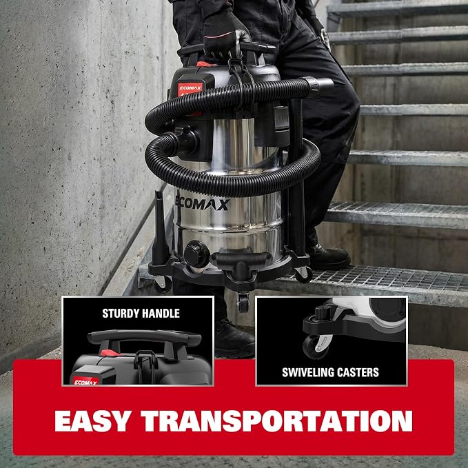 ECOMAX 8 Gallon Ultra Quiet Stainless Steel Shop Vacuum Wet and Dry | 4 Peak HP, 80% Quieter Operation, Durable Long Life Motor, Portable Vacuum for Garage, Workshop, Jobsite, Complete Accessory