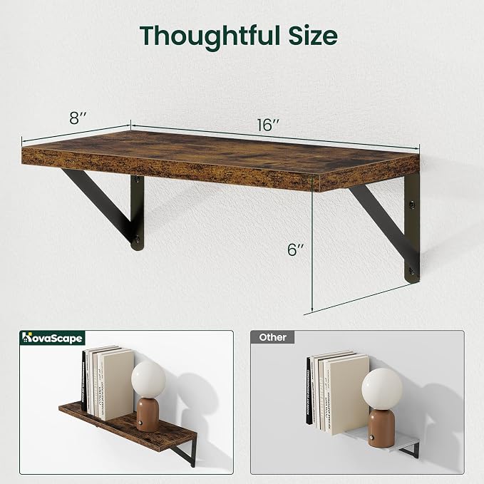 Floating Shelves 8 Inch Deep, 16W x 8D Wall Shelf Set of 2, 35 lbs Heavy Duty Reversible Metal Brackets, Industrial Book Shelf for Living Room Kitchen Bath Bedroom Gallery Wall, Rustic Brown