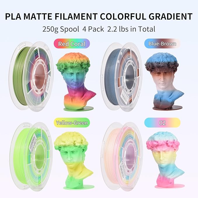 RAMBERY Matte PLA 3D Printer Filament Bundle Upgraded Multicolored Filament 1.75mm 4 Packs Multi Color Change 3D Printing Filament for Most 3D Printers, 4 Spools 250g Each (Total 2.2lbs)