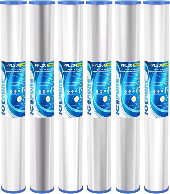 ICEPURE 20 Inch Whole House Pleated Sediment Water Filter Cartridge for Well Water, Replacement for ECP20-20, SPC-25-2020, ECP1-20, ECP5-20, SPC-25-2005, SPC-25-2001, 5 Micron 20" x 2.5", 6PACK