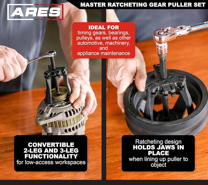 ARES 15095 – Master Ratcheting Gear Puller Set – Premium Chrome Moly Steel Gear Puller Yolk Set Includes 2-Ton and 5-Ton Units – Indexing Jaws Feature Convertible 2-Leg and 3-Leg Functionality