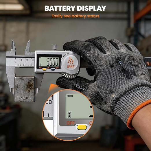 HARDELL Digital Caliper, IP67 Industry Calipers with Battery Display, ABS, Auto-Off, Inch/MM Conversion, Stainless Steel Caliper Measuring Tool for Water/Coolant/Dust Protection