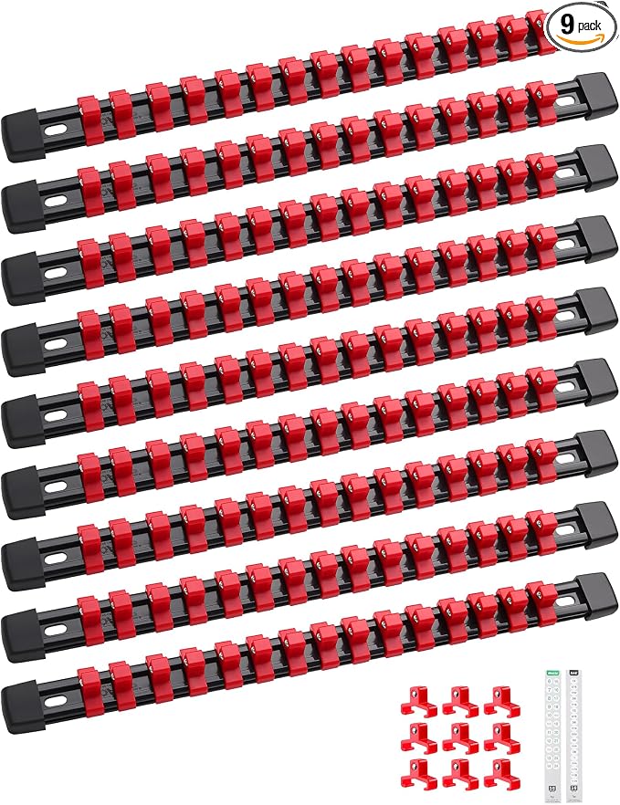 ALOANES 9PC ABS Socket Organizer, Socket Rails Fit 3/8 inch Drive | Heavy Duty Socket Holders Hold up 135 Sockets for Mechanics Toolbox Drawer Bags(Red)