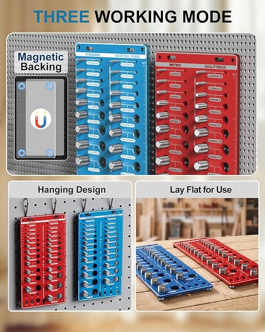 Magnetic Base 62 Nut and Bolt Thread Checker with 25 Standard & 25 Metric Sizes & 12-Hole Drill Bit Gauge, Bolt Size and Nut Size Identifier Gauge