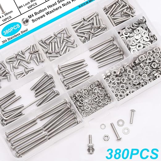380PCS M4 Screw Kit, M4 x 6/8/12/16/20/25/30mm Button Head Socket Cap Screws Bolts Nuts Washers Assortment Kit, 304 Stainless Steel M4 Bolts with Hex Wrench