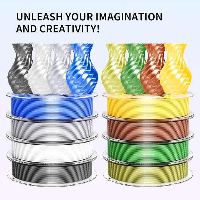RAMBERY 250gx8 Silk PLA Filament Bundle 1.75mm 3D Printer Filaments, 8 Colors 250g Spool, Black/White/Silver/Green Bronze/Gemstone Blue/Christmas Green/Red Bronze/Yellow