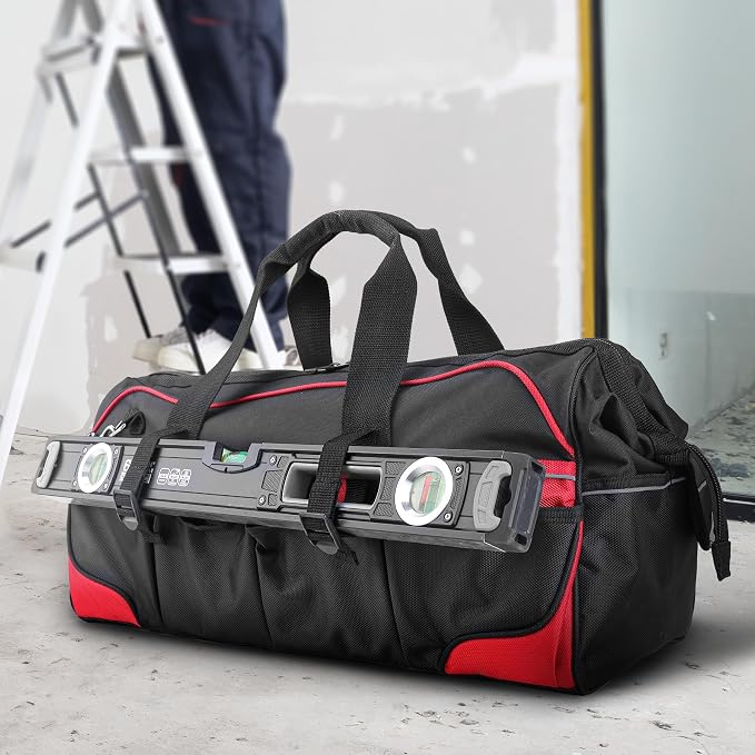 HAUTMEC 24" Heavy-Duty Large Tool Bag, 1680D Wear-Resistant Wide Mouth Tool Bag with Metal Frame & Hard Base, 36 Pockets, Level Holder, Anti-Tangle Padded Shoulder Strap – HT0284