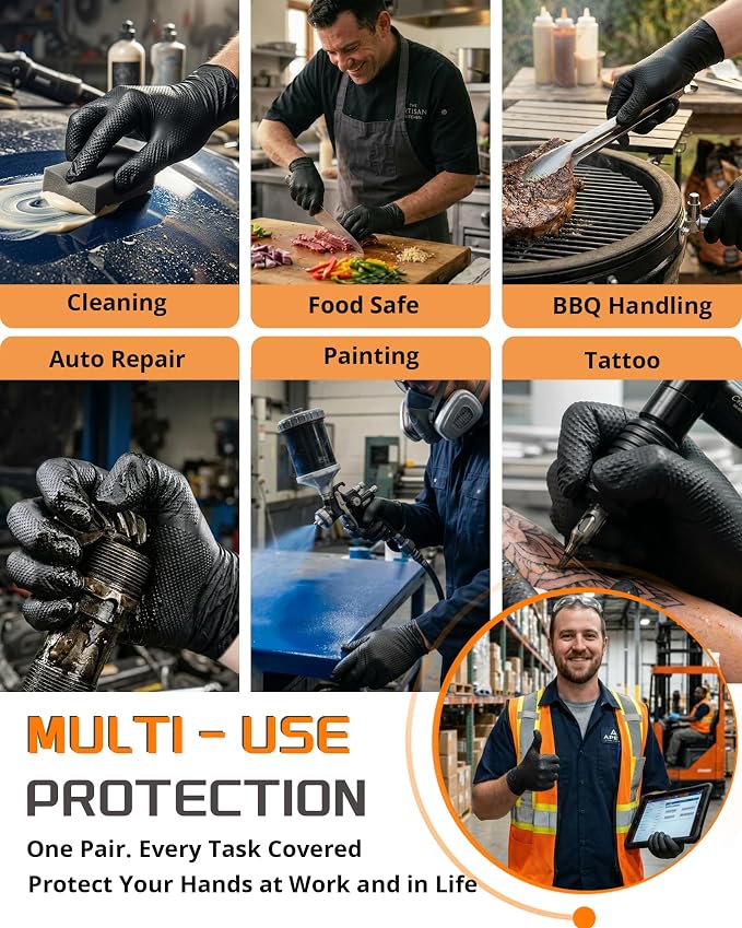 nitroshield 9mil Heavy Duty Disposable Nitrile Gloves, Black Medium 800Pcs -Chemical Resistant, Latex Powder Free Rubber Gloves Diamond Texture for Automotive, Mechanics, Cooking,BBQ, Industrial Use