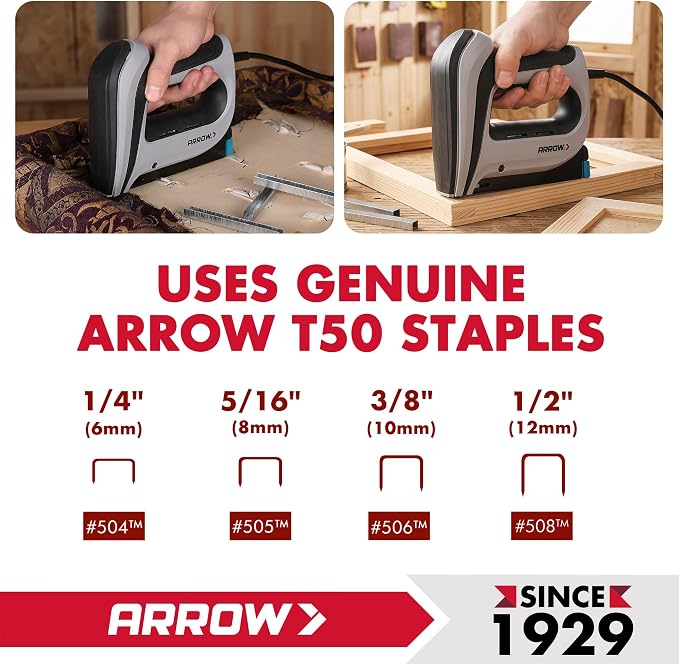 Arrow T50ACD Heavy Duty Corded Electric Staple Gun for Upholstery, Furniture, Office, Decorating, Fits 1/4", 5/16”, 3/8", or 1/2" Staples