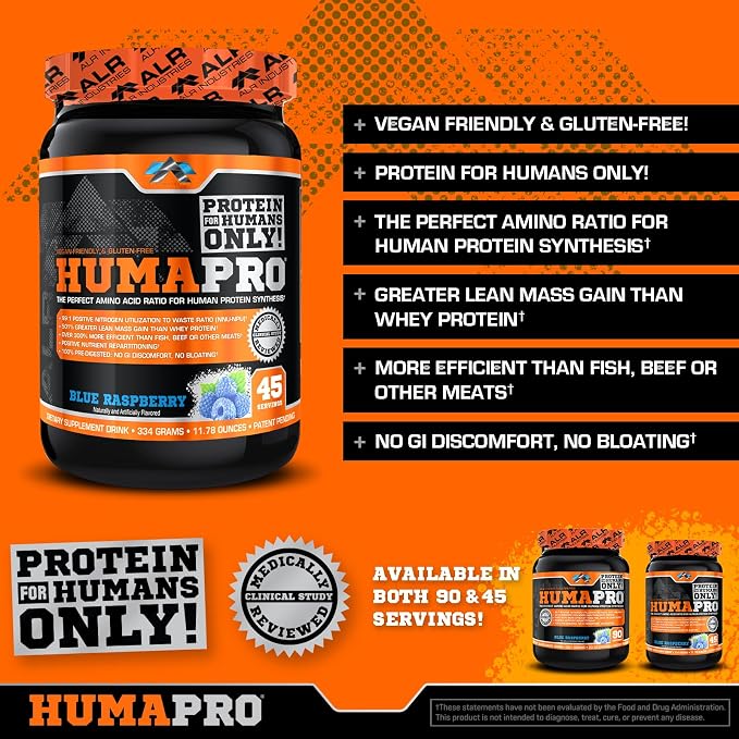 ALR Industries HumaPro Essential Amino Acid Formula | EAA Protein Supplement | Supports Muscle Recovery & Performance | Vegan, Gluten Free | 45 Servings (Blue Raspberry)