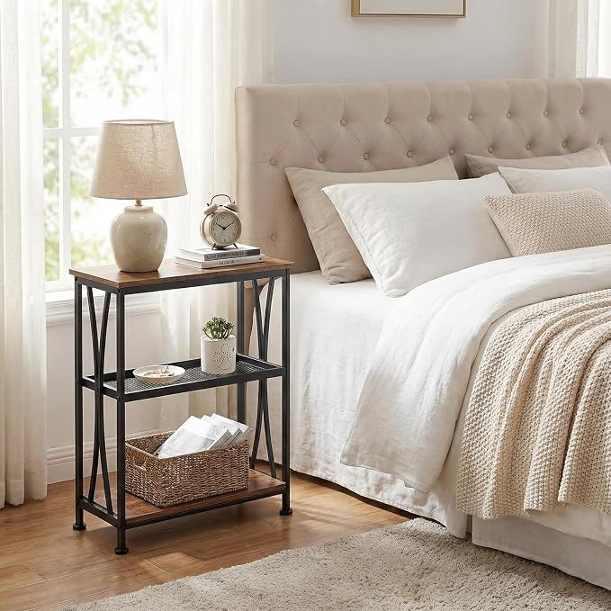 Narrow Side Table,3-Tier End Table With Storage Shelves,Small Hallway Table, Industrial Accent Table With Metal Frame Slim Nightstand Sofa Side Table for Small Spaces,Living Room, Bedroom,Rustic Brown