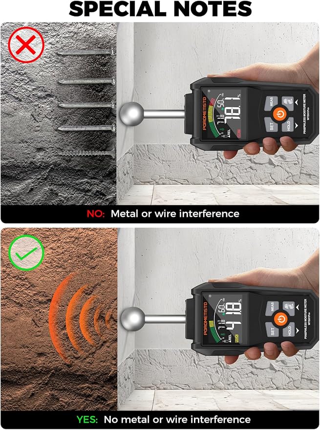 Moisture Meter, POROMETISTO Pin & Pinless Moisture Meter – Dual Mode Wood Moisture Detector for Walls, Drywall, Firewood & Concrete, Digital Moisture Meter with Color Screen & Alarm
